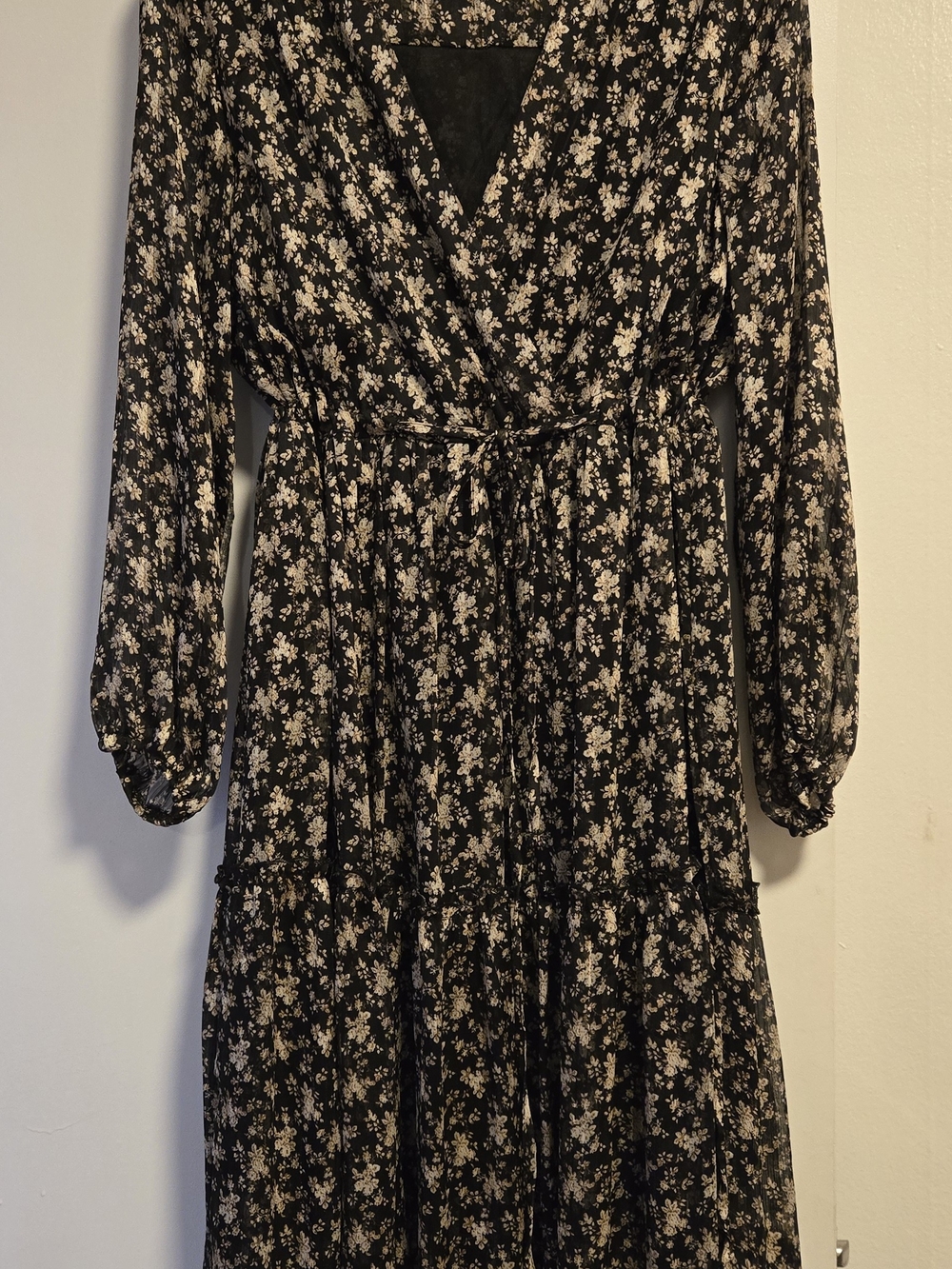 Black Floral Wrap Midi Dress with Tie Waist